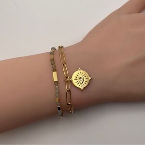 Natural stone double Stacking bracelet with evil eye pendant